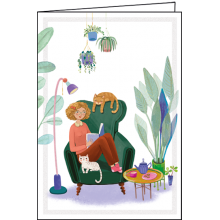 Картичка 12х18см жена с книга и котки